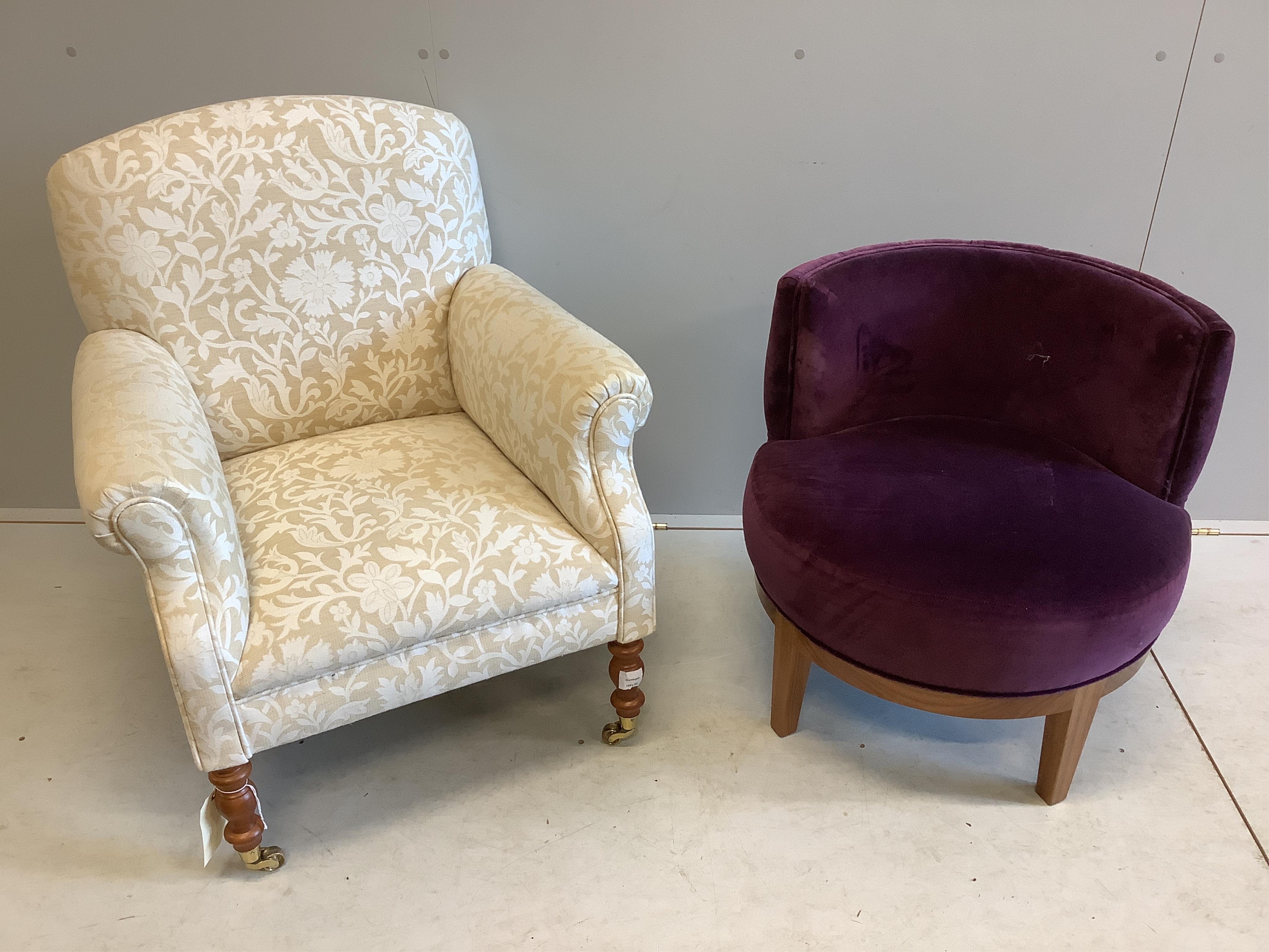 A modern Victorian style upholstered armchair together with a Contemporary mauve velvet tub chair. Condition - good